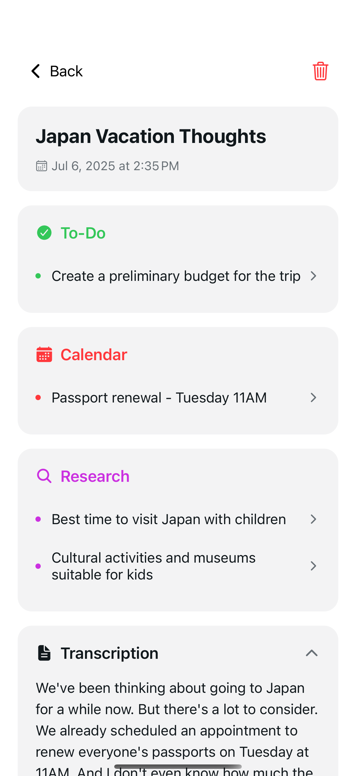 App interface showing AI organization